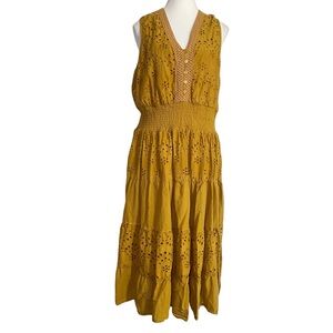J Gee Mustard Yellow Boho Eyelet Tiered Midi Dress - Smocked Waist, V-Neck